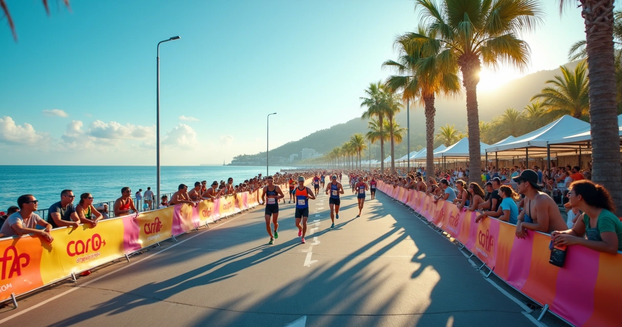Atletas correndo na orla da praia de Jurerê Internacional durante o Ironman Floripa 