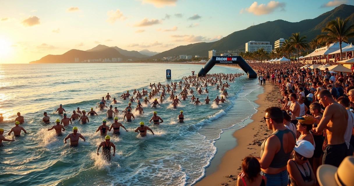 Atletas largando no Ironman em Jurerê Internacional com mar azul e arquibancadas cheias 