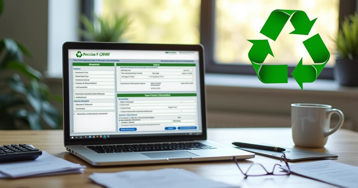 Pessoa declarando IRPF no notebook com destaque para reciclagem e impostos 