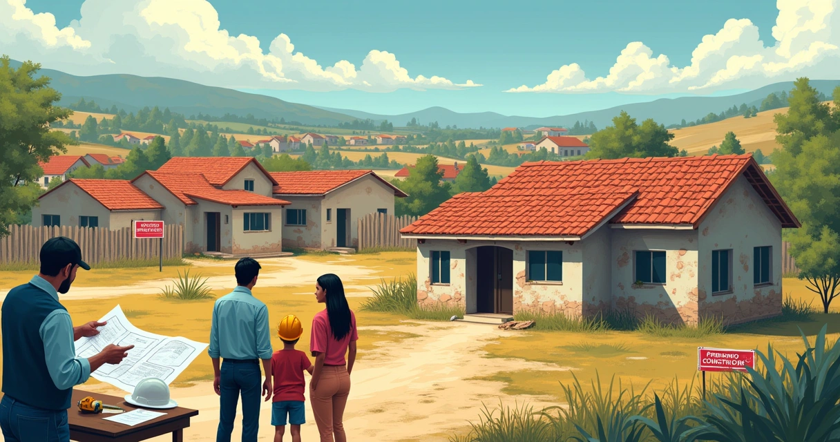Família preocupada em frente a casa deteriorada, com engenheiros discutindo regularização fundiária, sinais de proibição ao fundo.