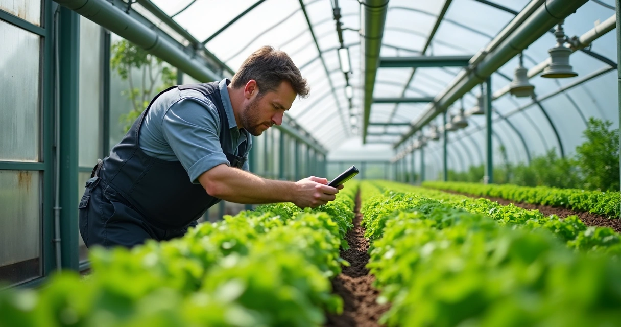Técnico ajustando sistema de irrigação em estufa orgânica moderna 