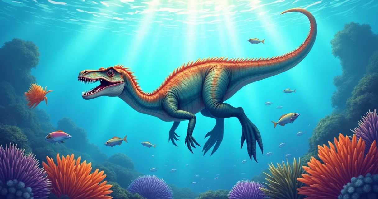 Ilustração do dinossauro Irritator caçando peixes em um ambiente aquático claro e vibrante.