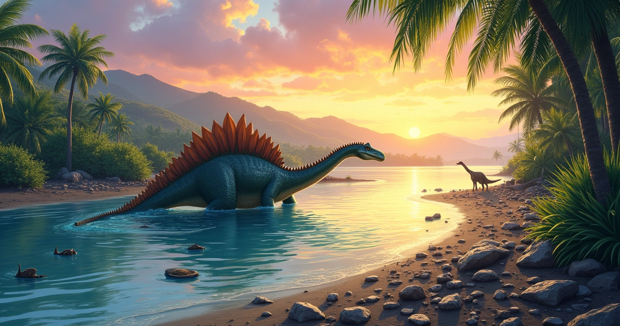 Dinossauro Irritator emerge na água em cena pré-histórica do Brasil com vegetação abundante e fósseis à beira do rio.
