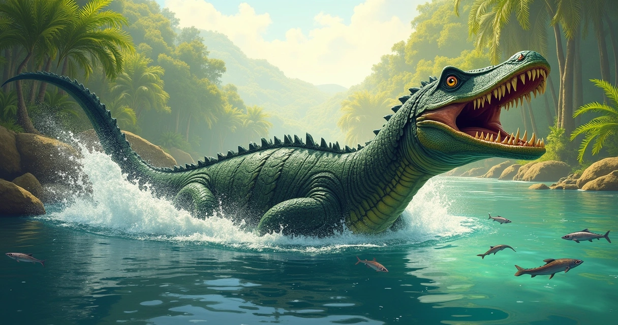 Irritator swimming in a prehistoric river, showcasing its long head and curved teeth surrounded by lush vegetation.