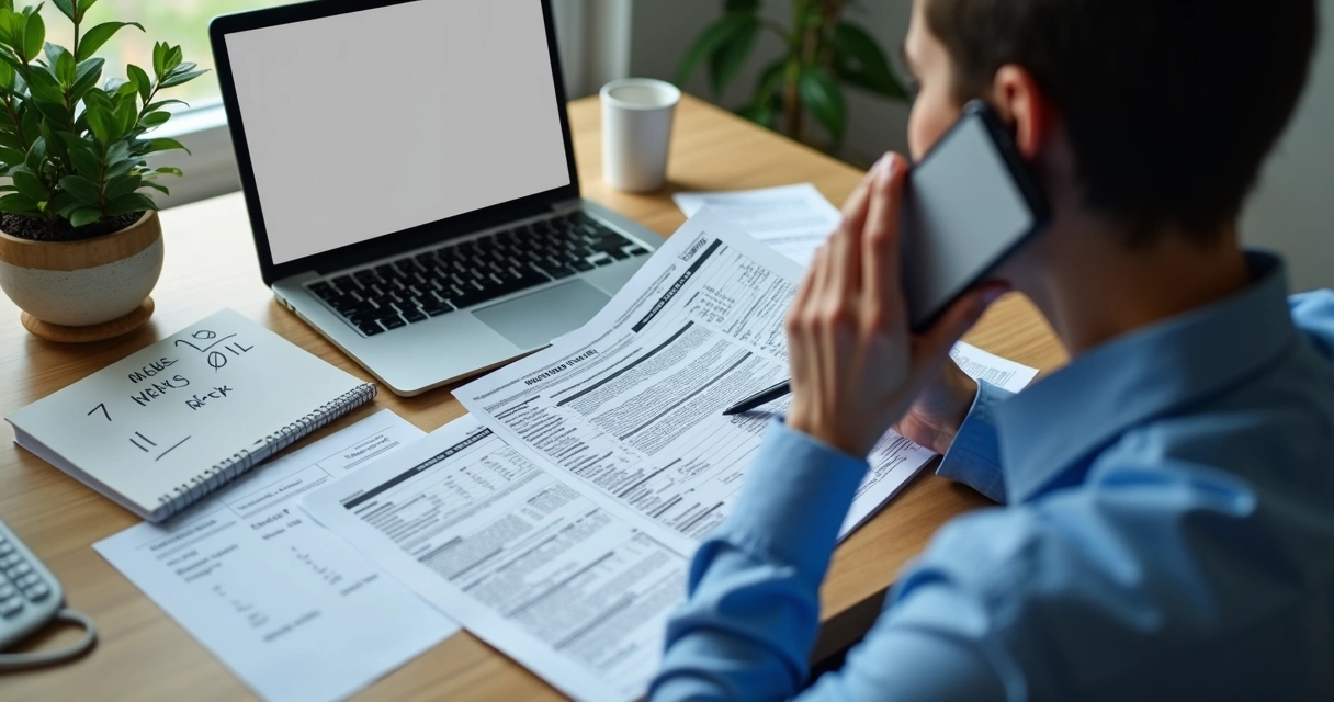 Person reviewing IRS papers while making a phone call 