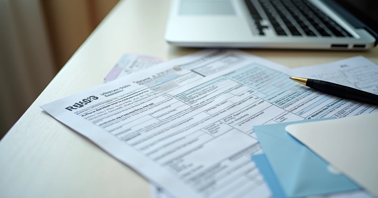 Tax return, IRS letter, and passport copies on a desk 