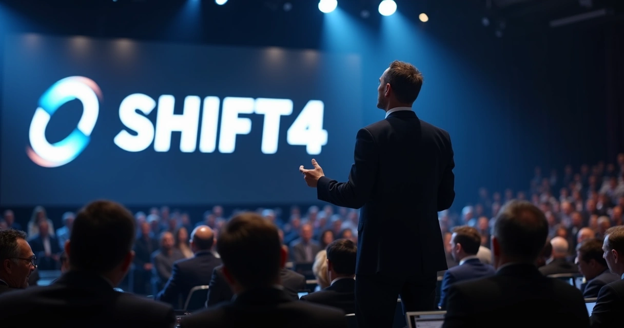 Homem de terno fala em conferência com logo Shift4 ao fundo 