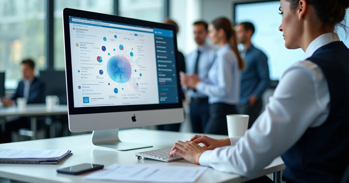 Profissional mexendo no computador com gráficos digitais na tela