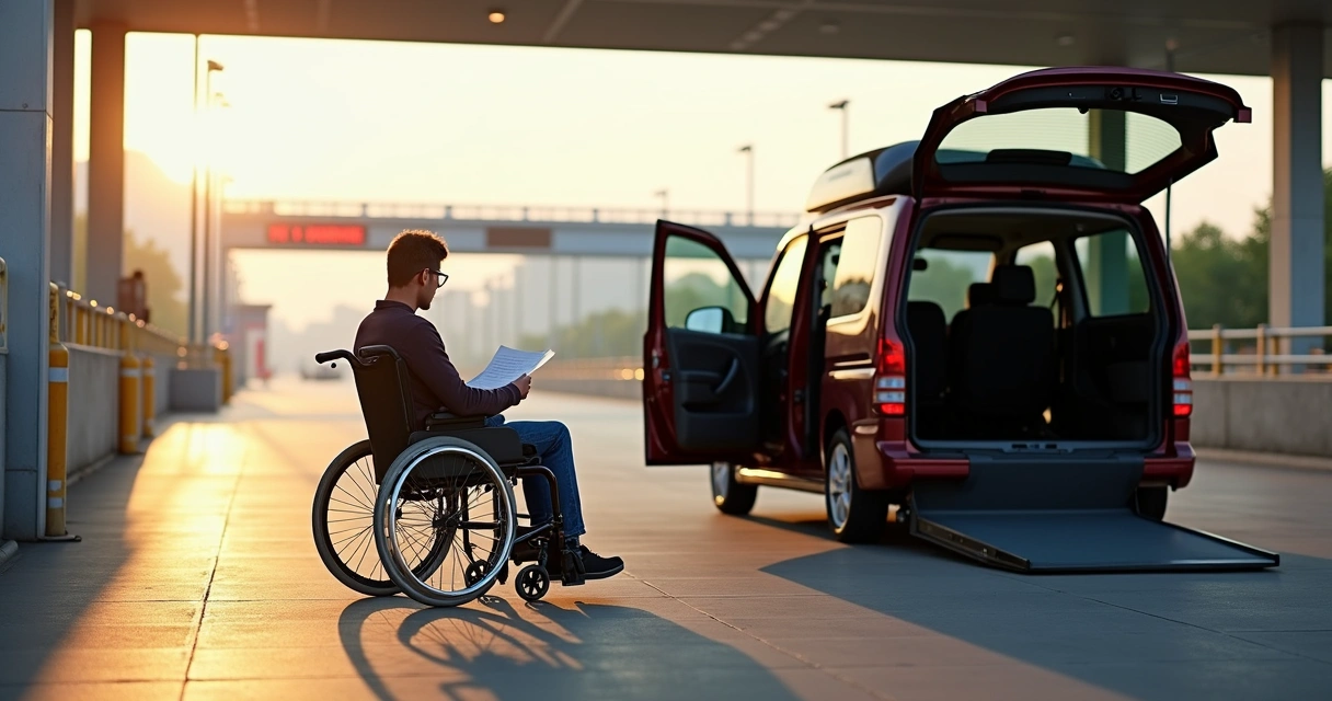 Pessoa em cadeira de rodas conferindo documentação em veículo adaptado em frente a praça de pedágio 