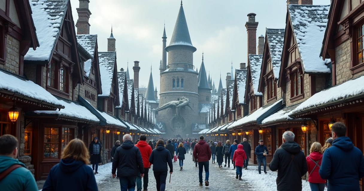 Turistas caminhando em Hogsmeade, Islands of Adventure 