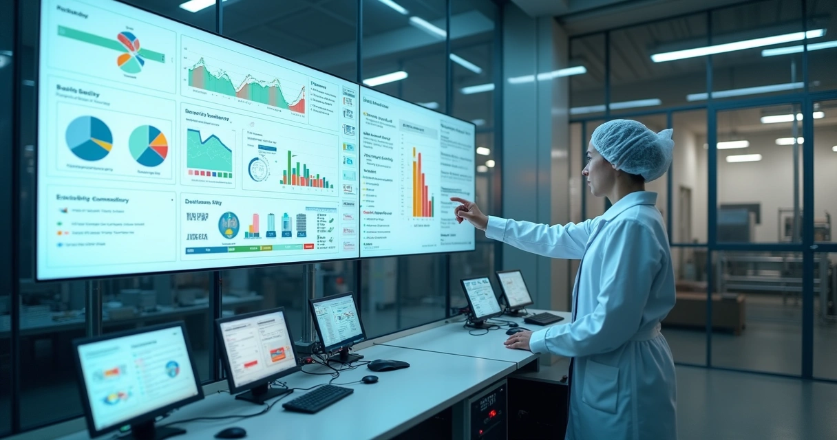 Painel digital exibindo fluxos de qualidade alimentar alinhados à ISO 22000 