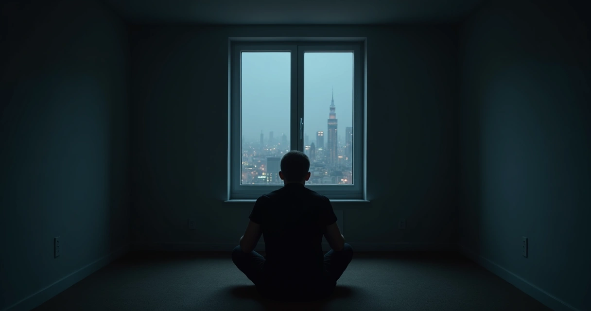 Pessoa sentada sozinha em um apartamento escuro olhando para a janela 