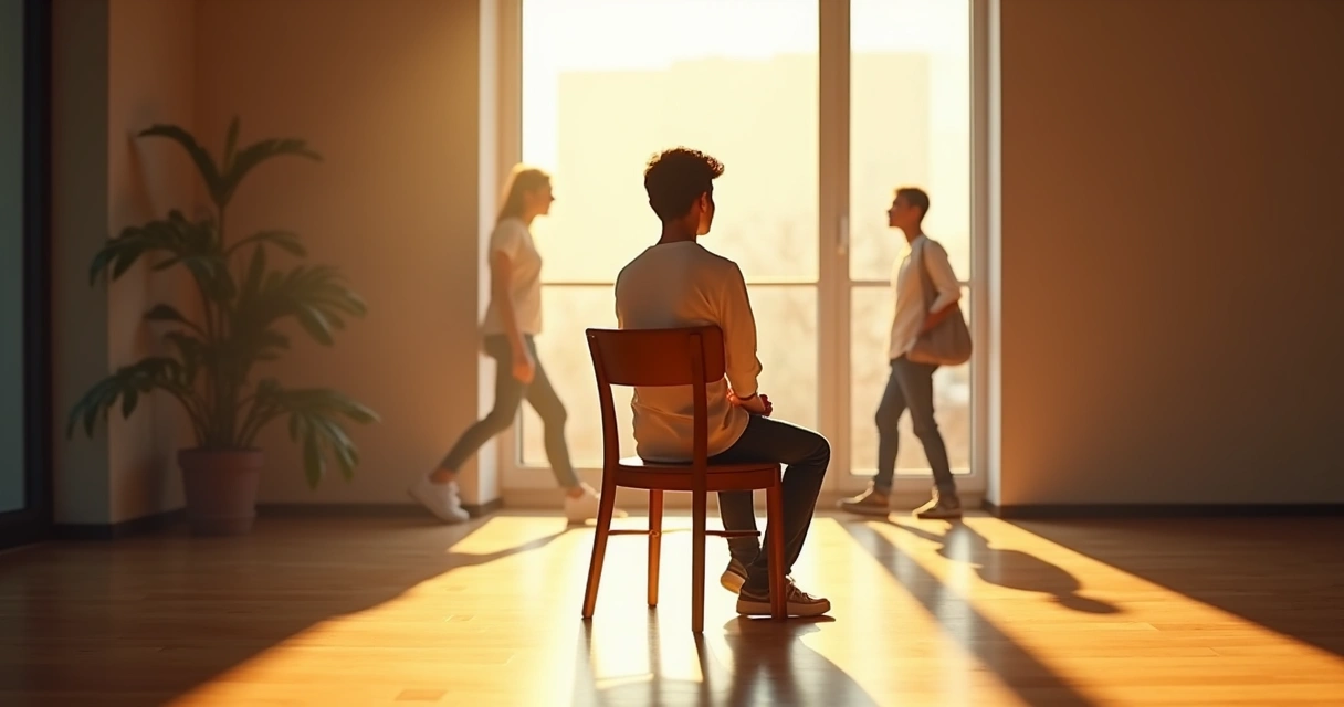 Pessoa sentada sozinha em ambiente iluminado, olhando para fora de uma grande janela 