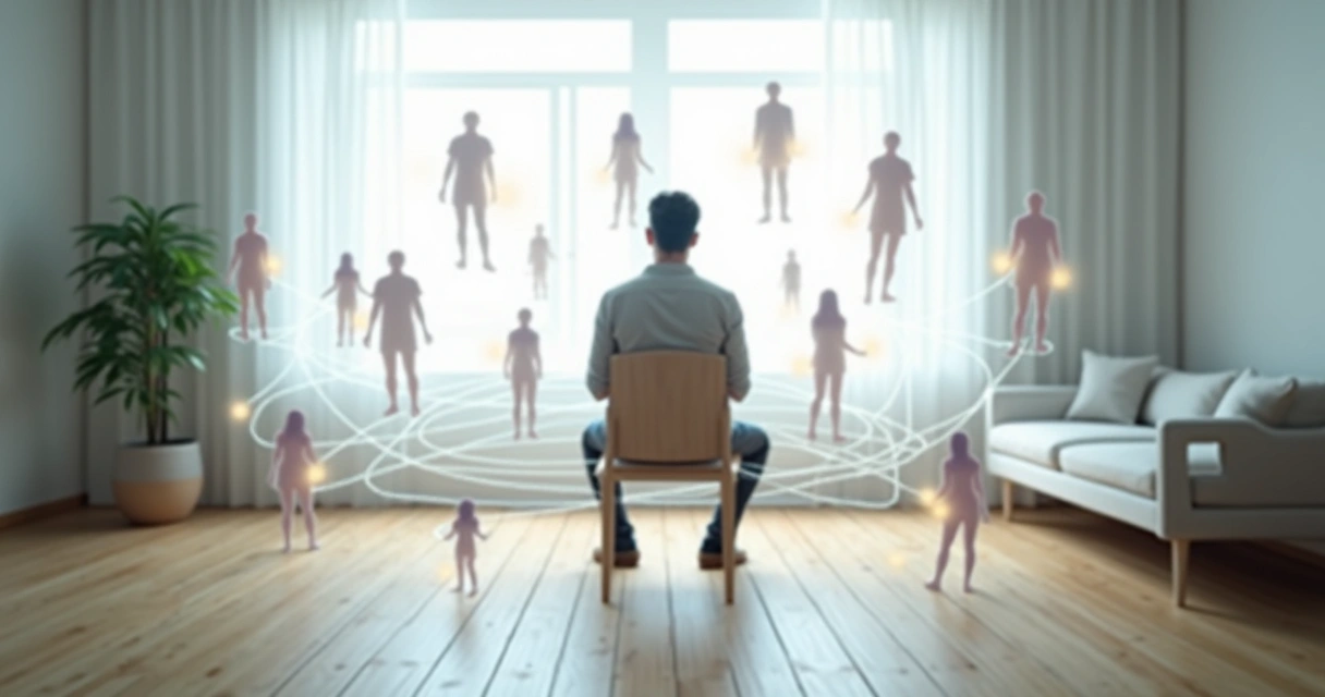 Pessoa solitária cercada por silhuetas translúcidas representando vínculos sistêmicos 