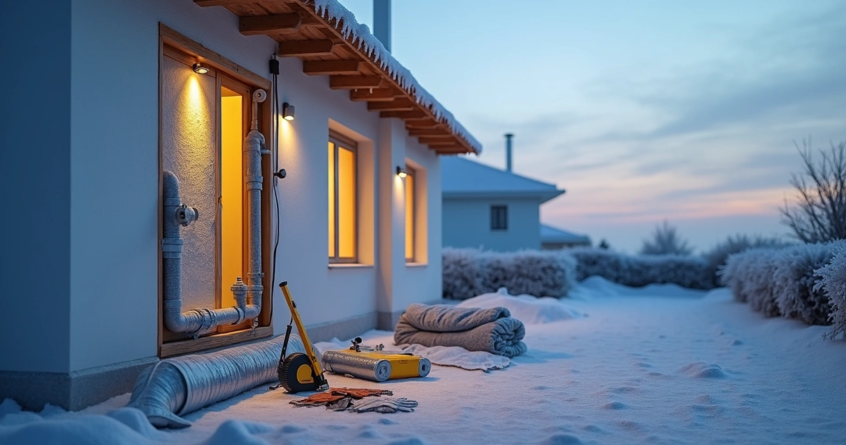 Canos de água isolados numa casa durante o inverno com geada no exterior 