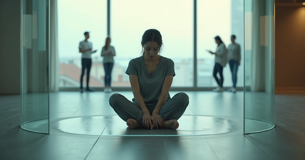 Pessoa em sala vazia cercada por parede de vidro transparente 