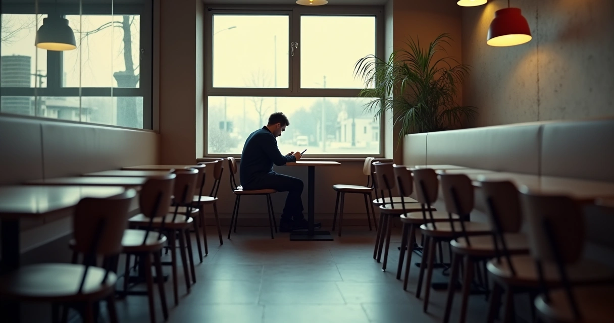 Pessoa sentada sozinha olhando o celular em uma cafeteria vazia. 