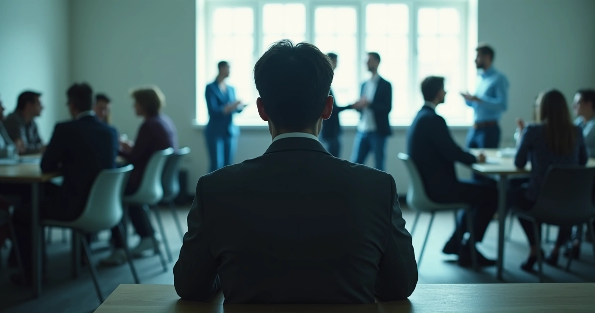 Pessoa de costas, sentada sozinha em uma sala com outros conversando ao fundo 