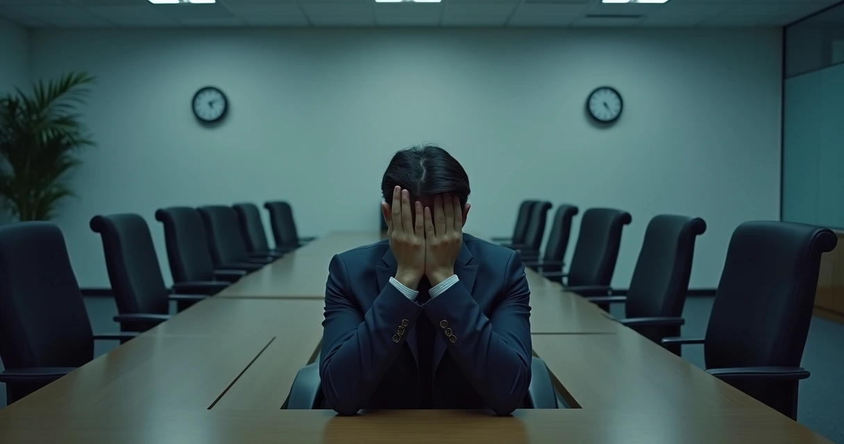 Profissional sentado sozinho à mesa de trabalho em um escritório vazio 