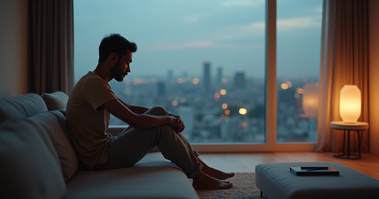 Pessoa sozinha em sofá olhando pela janela em reflexão profunda 