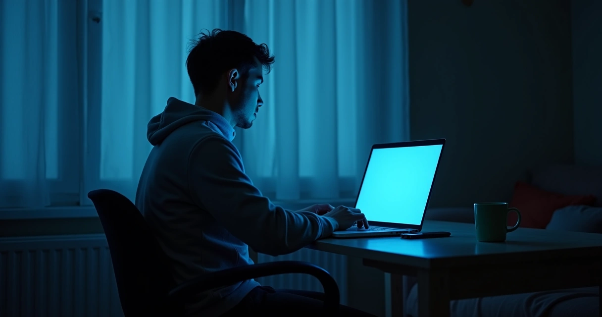Pessoa sozinha diante do notebook em home office escuro 