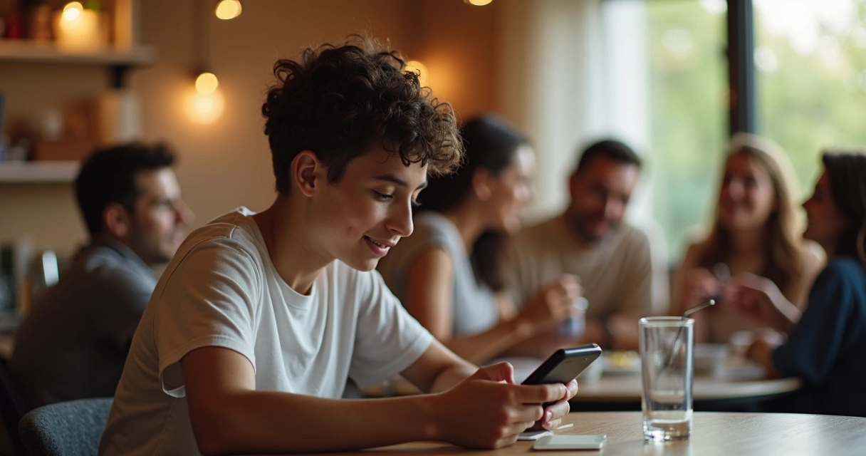 Jovem sentado sozinho olhando para o celular, com pessoas interagindo ao fundo