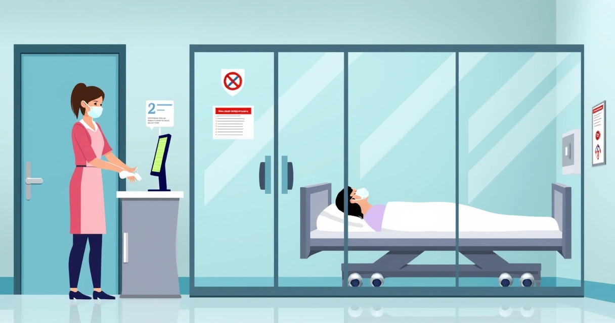 Práticas de higiene das mãos durante surtos de infecções hospitalares 3 Paciente isolado em quarto hospitalar, indicando controle de patógenos resistentes