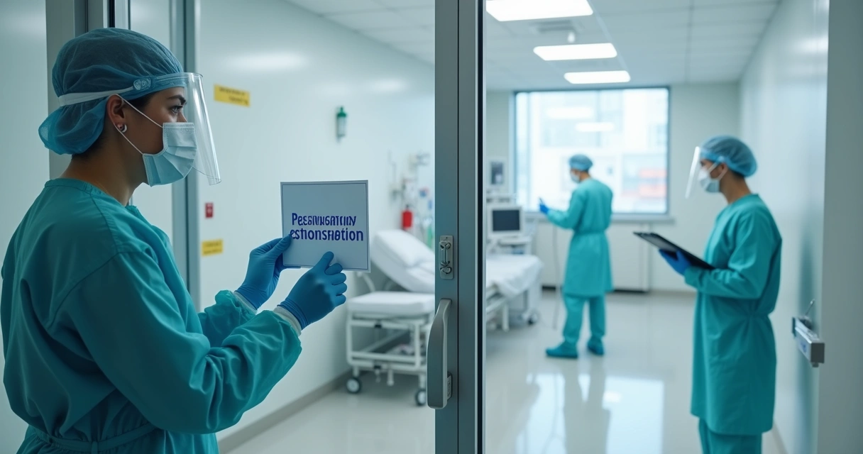 Equipe médica usando máscaras e EPIs em área de isolamento respiratório 