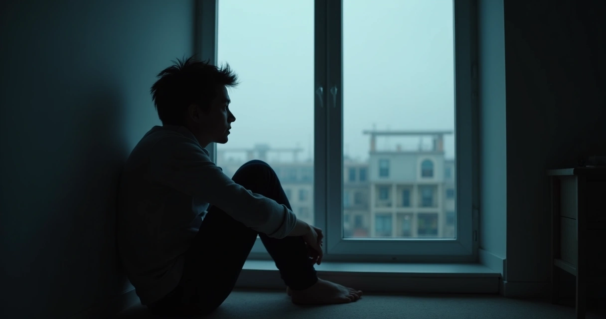 Pessoa em ambiente fechado olhando pela janela, expressão triste e pensativa.