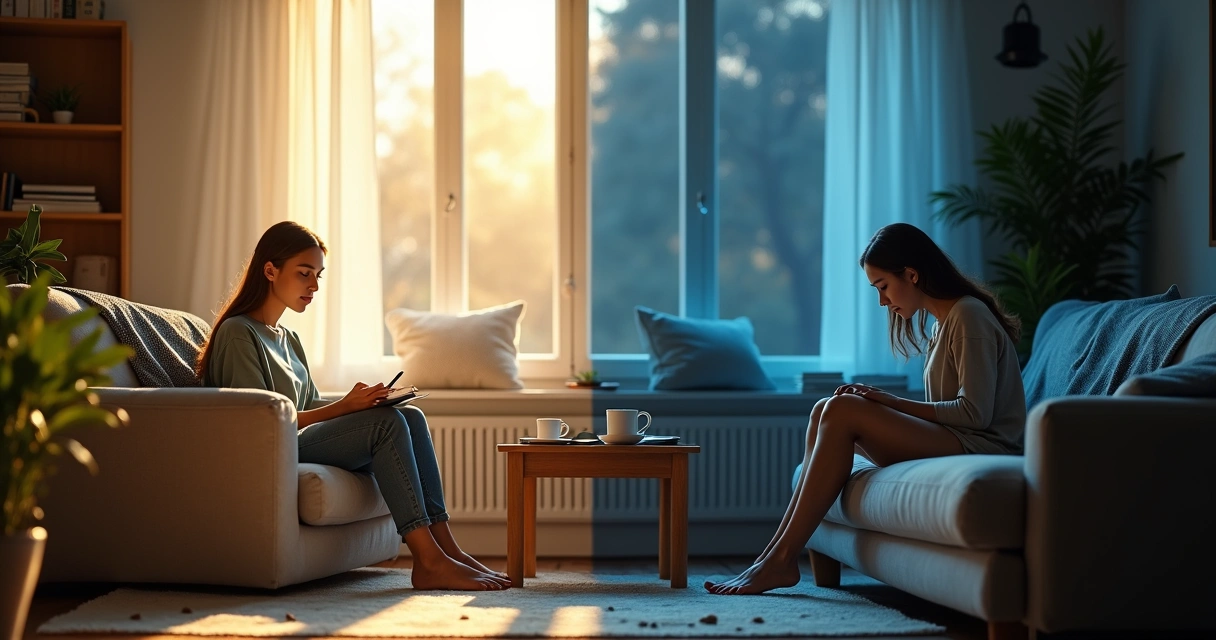 Mulher em ambiente dividido entre isolamento calmo e solidão triste 