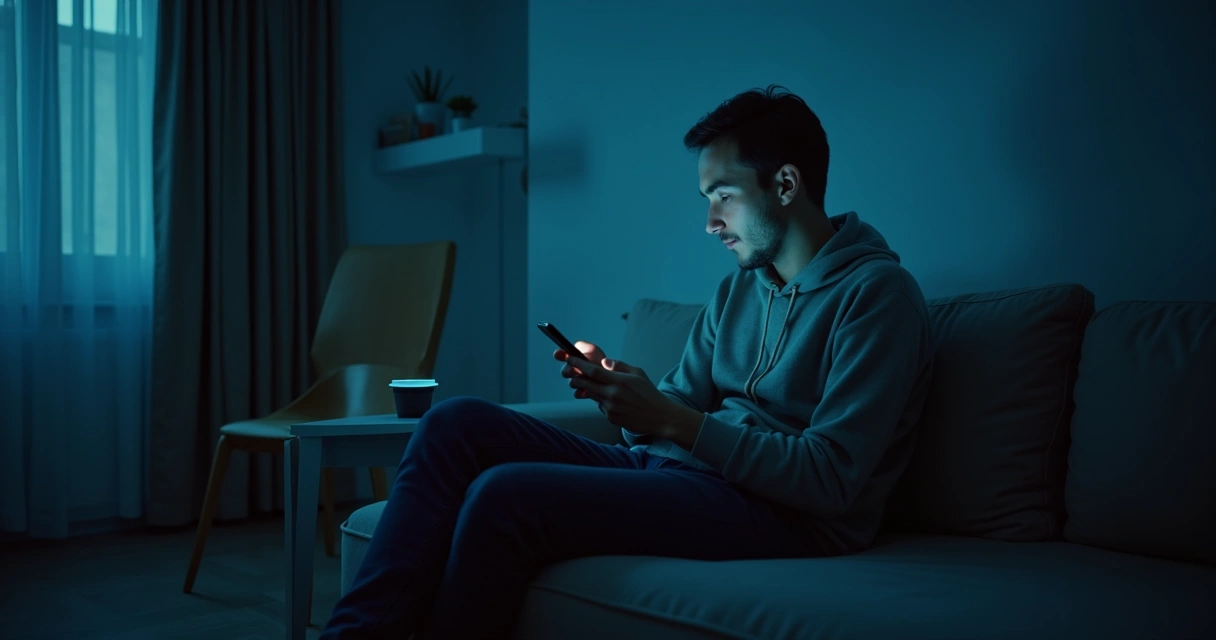 Pessoa sozinha em sala escura olhando celular em silêncio 