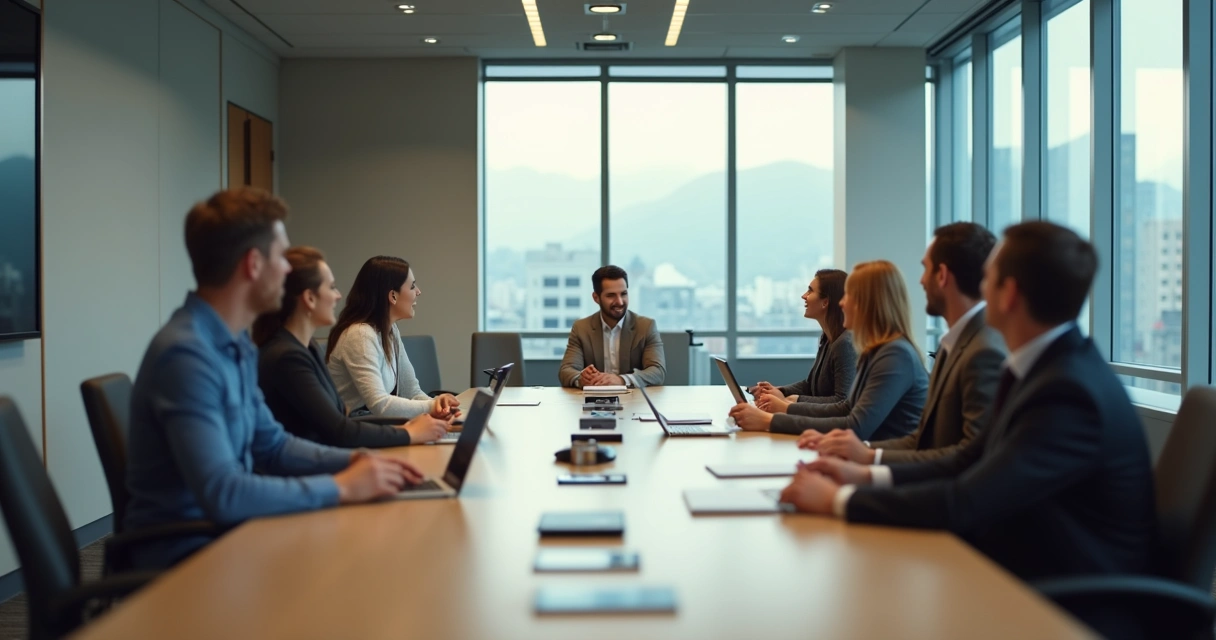 Profissional sentado sozinho, distante dos colegas em uma sala de reuniões 