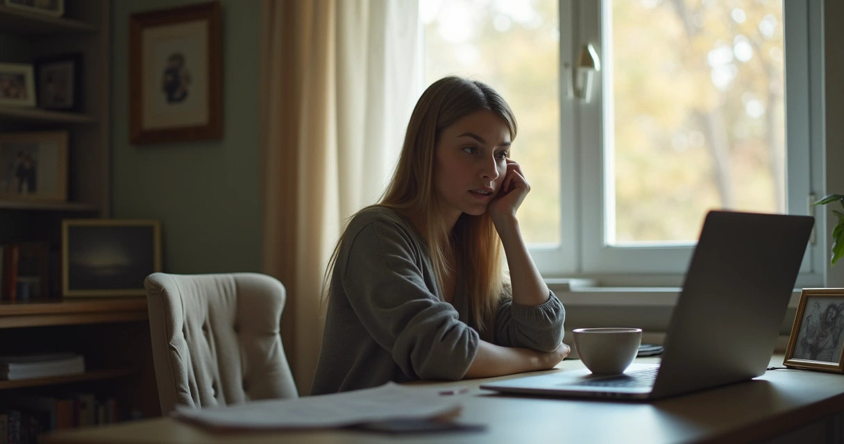 Pessoa sentada sozinha em uma mesa de trabalho em casa com expressão pensativa, laptop aberto, ambiente silencioso com objetos pessoais ao redor. 