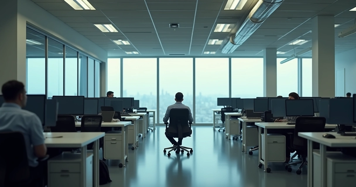 Single employee working in isolation at desk 