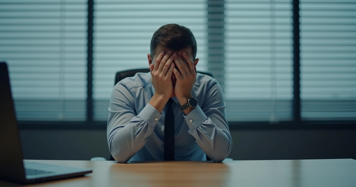 Leader sitting alone at a desk in office, appearing thoughtful
