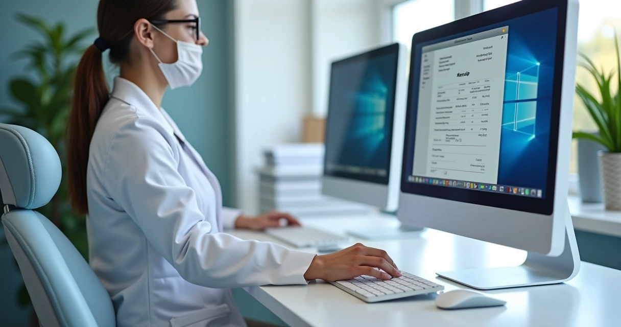 Dentist issuing electronic receipt on clinic computer 