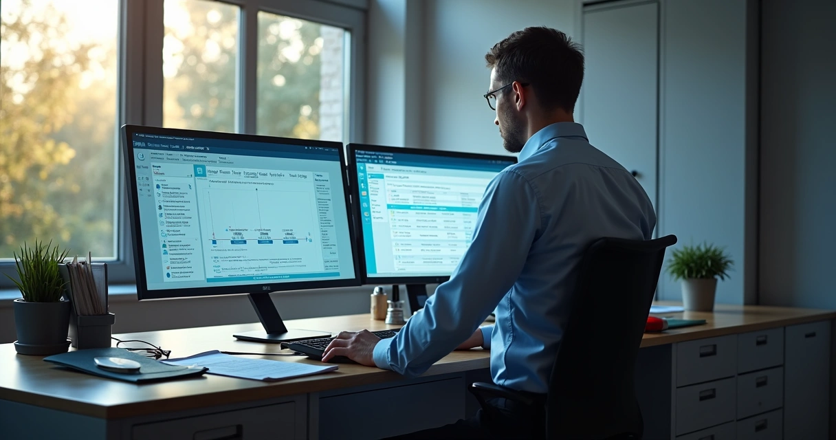 IT administrator auditing cloud-based access logs on screen. 