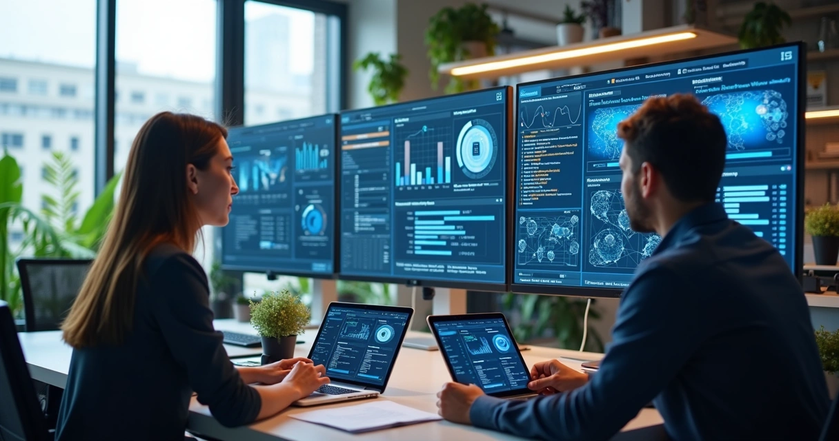 IT consultancy team analyzing digital security data on multiple screens in a modern office 