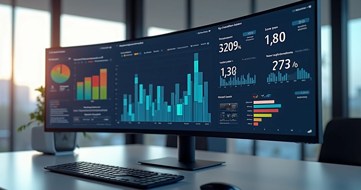 High-resolution IT performance dashboard with multiple charts and metrics on a modern computer screen 