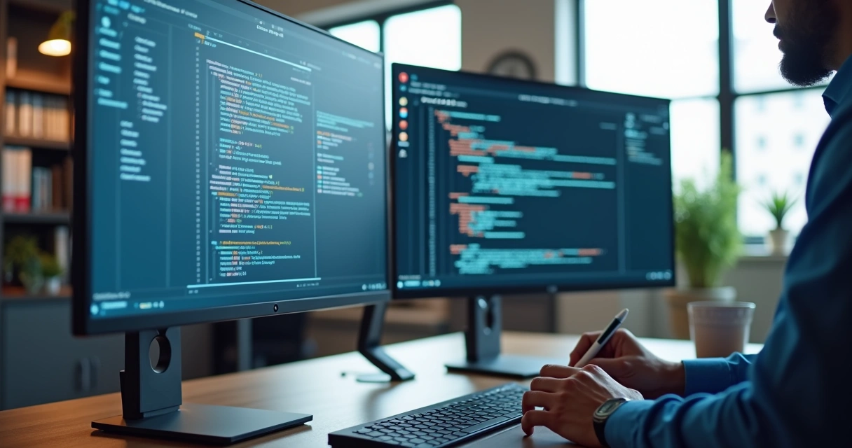 Close-up of hands writing and organizing digital workflow diagrams and code documentation on multiple computer screens in a modern office 