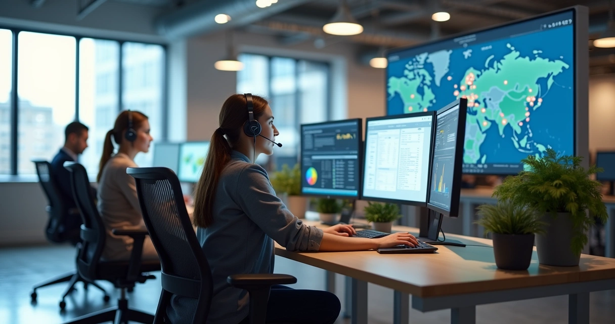 Equipe de suporte em operação com monitores e dashboards 