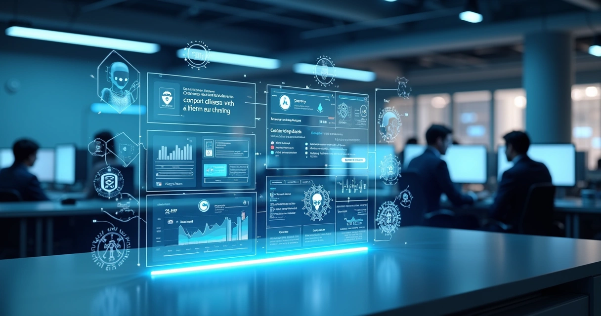 Tech support dashboard with chatbot and automation icons on a multiple digital screens 