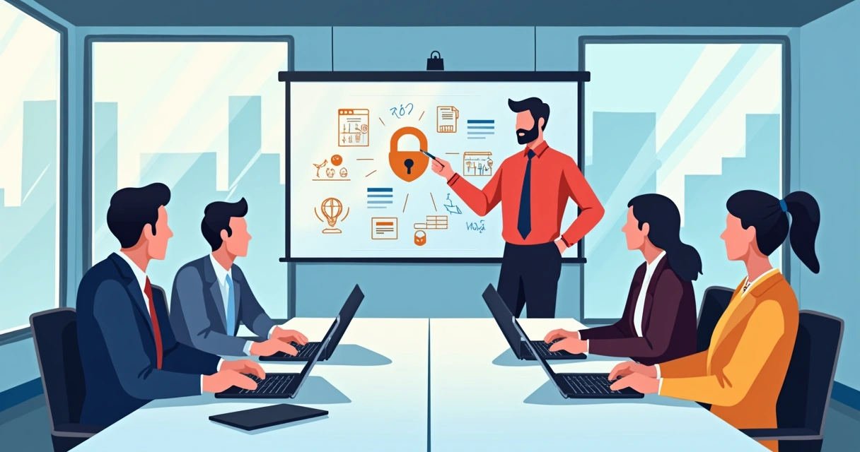 Equipe de TI em treinamento sobre atualização de software em sala de reunião 