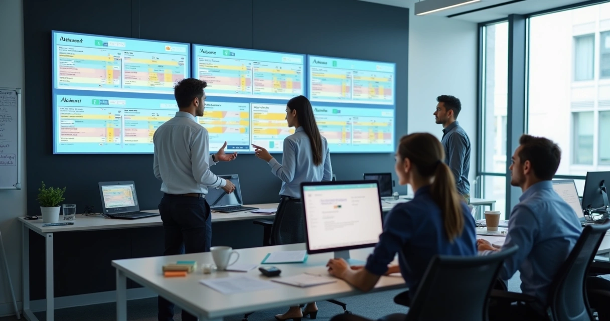 Mesa de atendimento de TI com painel de tickets e equipe analisando solicitações 