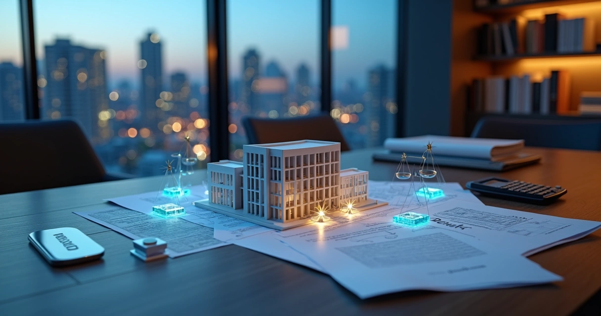 Tabela com maquete de imóvel e estruturas de empresa ligadas por setas e documentos fiscais 