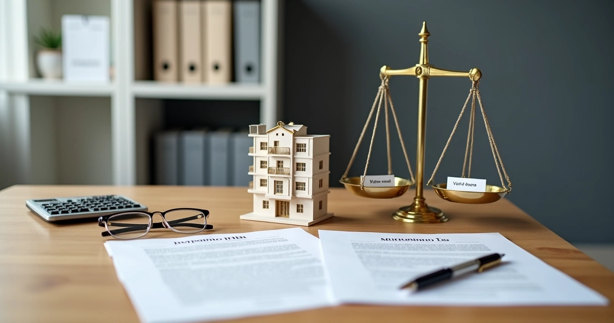 Mesa com maquete de imóvel, balança de autoridade fiscal e documentos de compra e venda destacados 