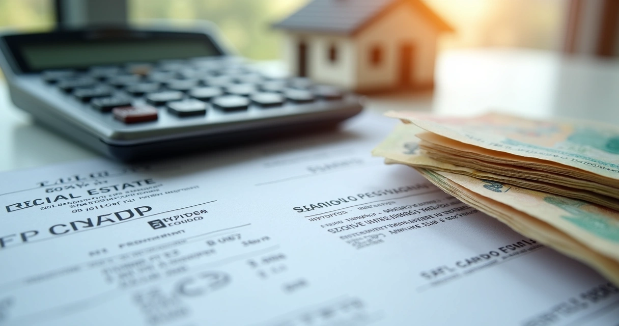 Cálculo de imposto ITBI com papéis, calculadora e modelo de casa