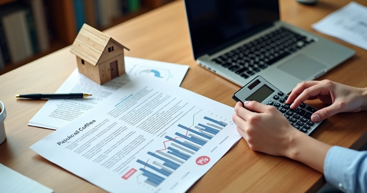 Pessoa calculando ITBI de imóvel arrematado em leilão com documentos e miniatura de casa 
