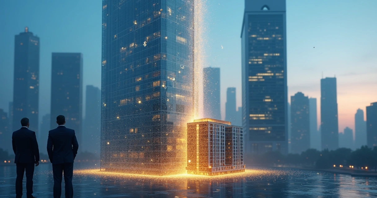 Representação conceitual de imóvel entrando em prédio corporativo como integralização de capital social 