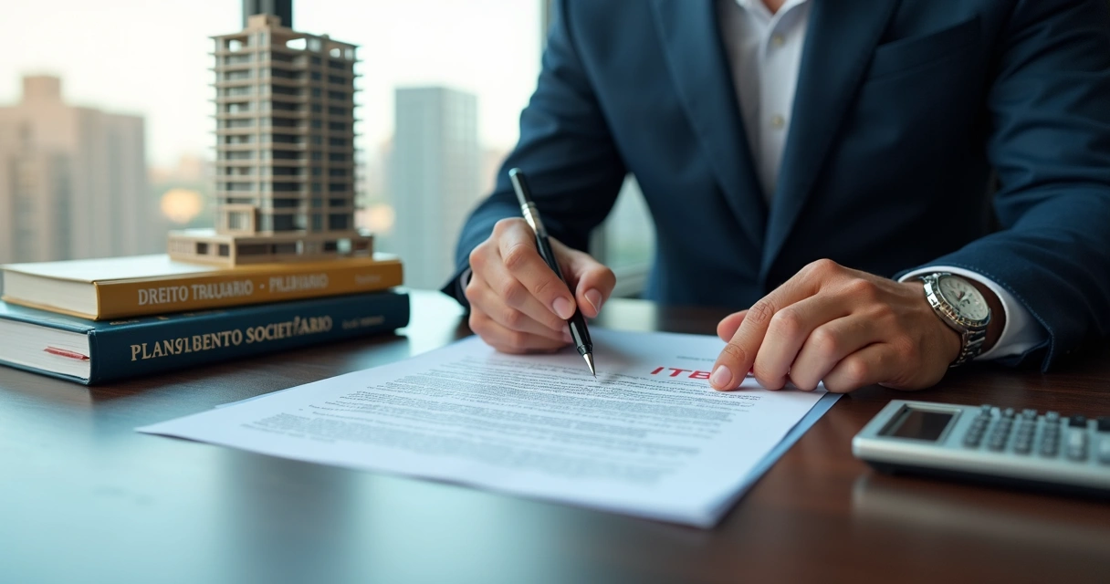 Advogado analisa contrato de imóvel empresarial com miniatura de prédio 